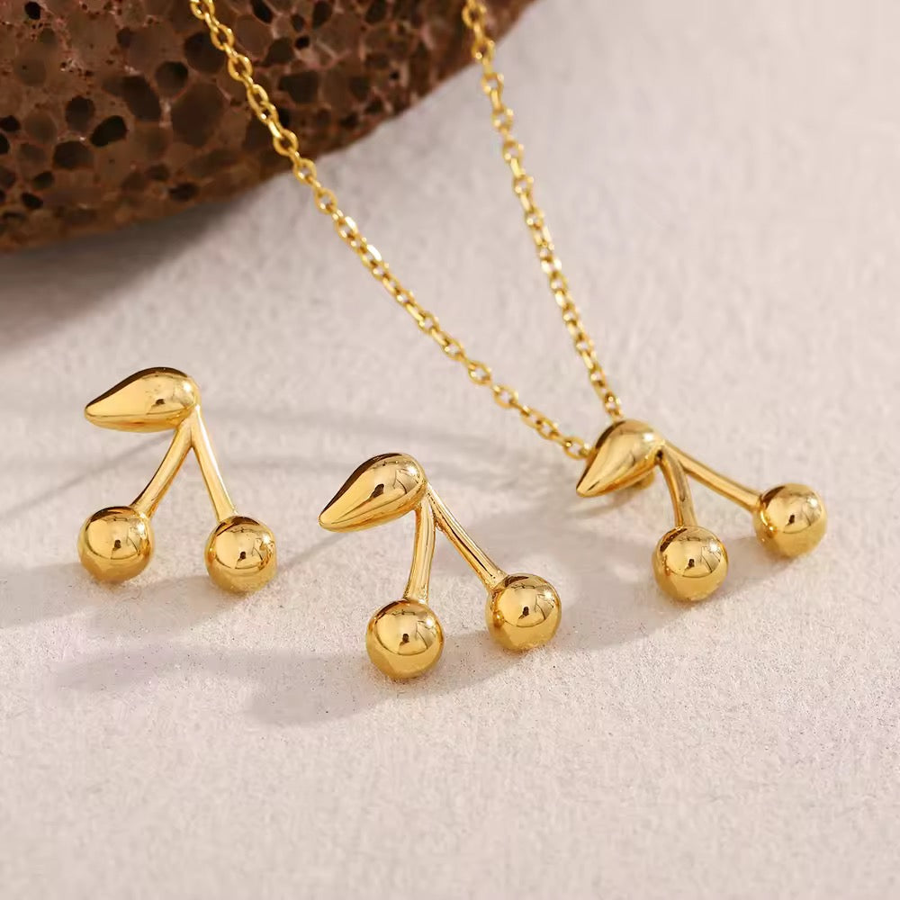 Cherry Necklace & Earrings Set – 18K Gold Plated Stainless Steel