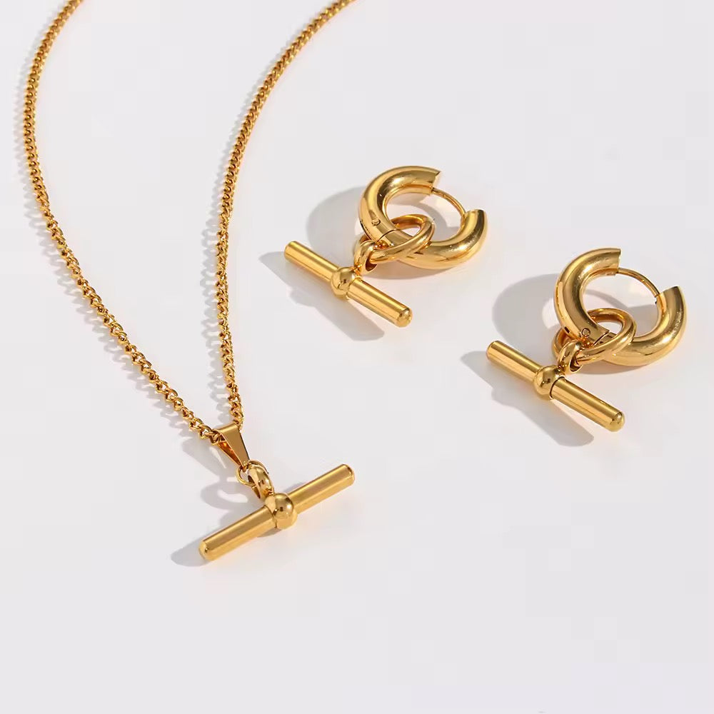 Minimalist Cross Necklace & Hoop Earrings Set – 18K Gold Plated Stainless Steel