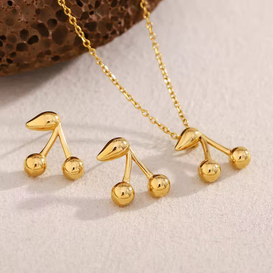 Cherry Necklace & Earrings Set – 18K Gold Plated Stainless Steel