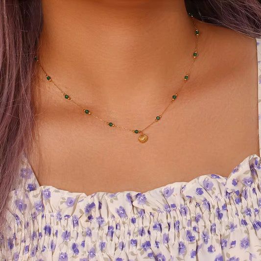 Green Beaded Shell Necklace – Gold Plated Stainless Steel