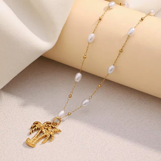 Pearl Palm Tree Pendant Necklace – Gold Plated Stainless Steel
