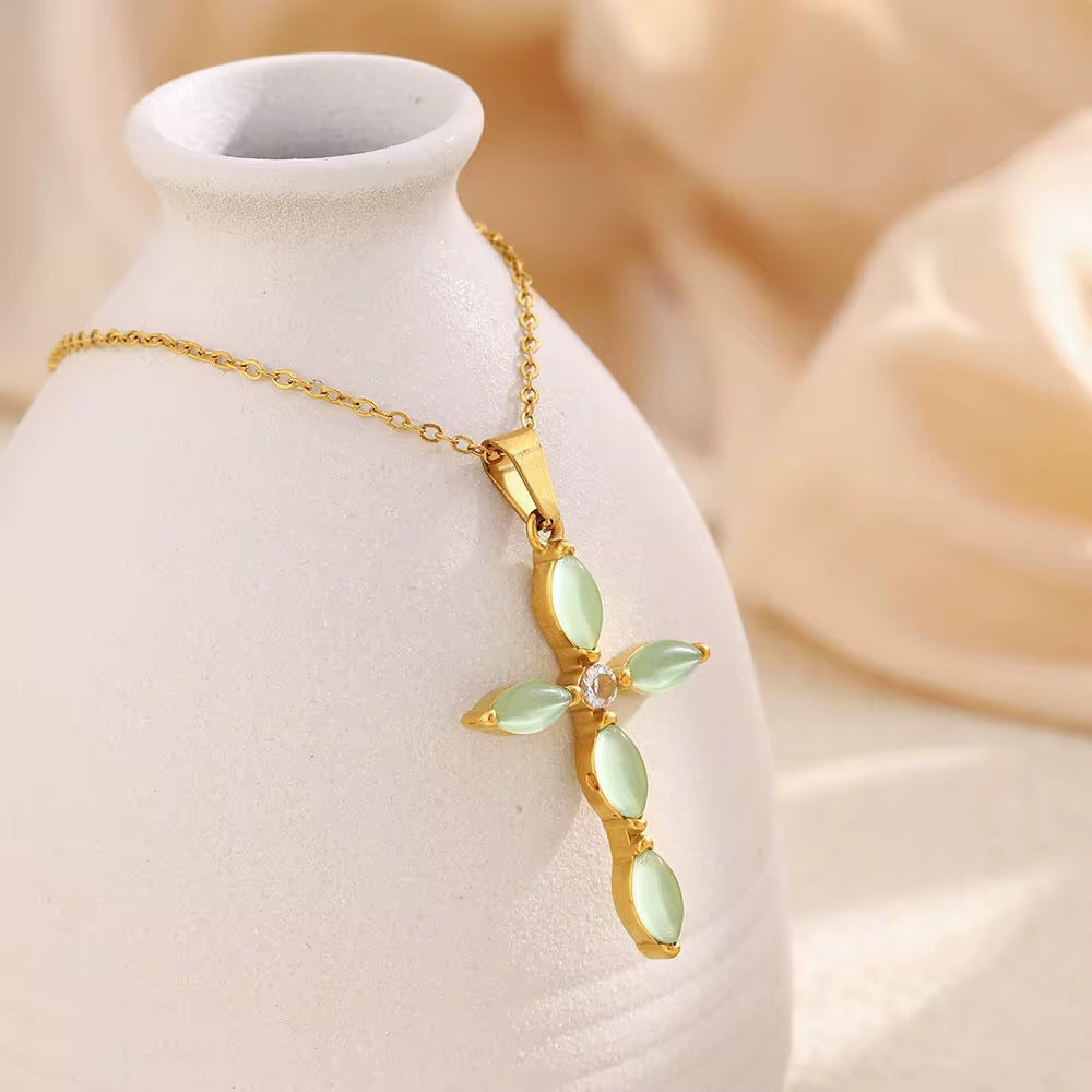 Green Crystal Cross Necklace – 18K Gold Plated Stainless Steel
