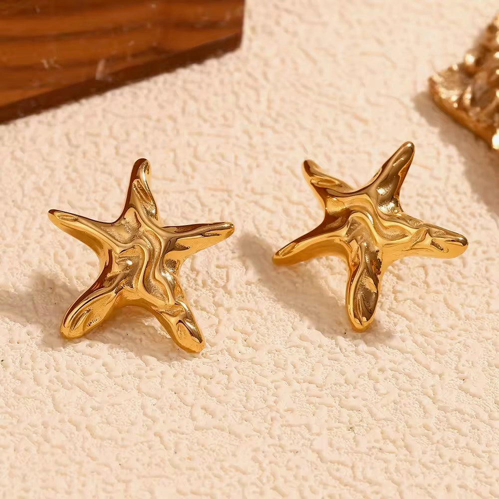 Stainless Steel Starfish Stud Earrings-Gold