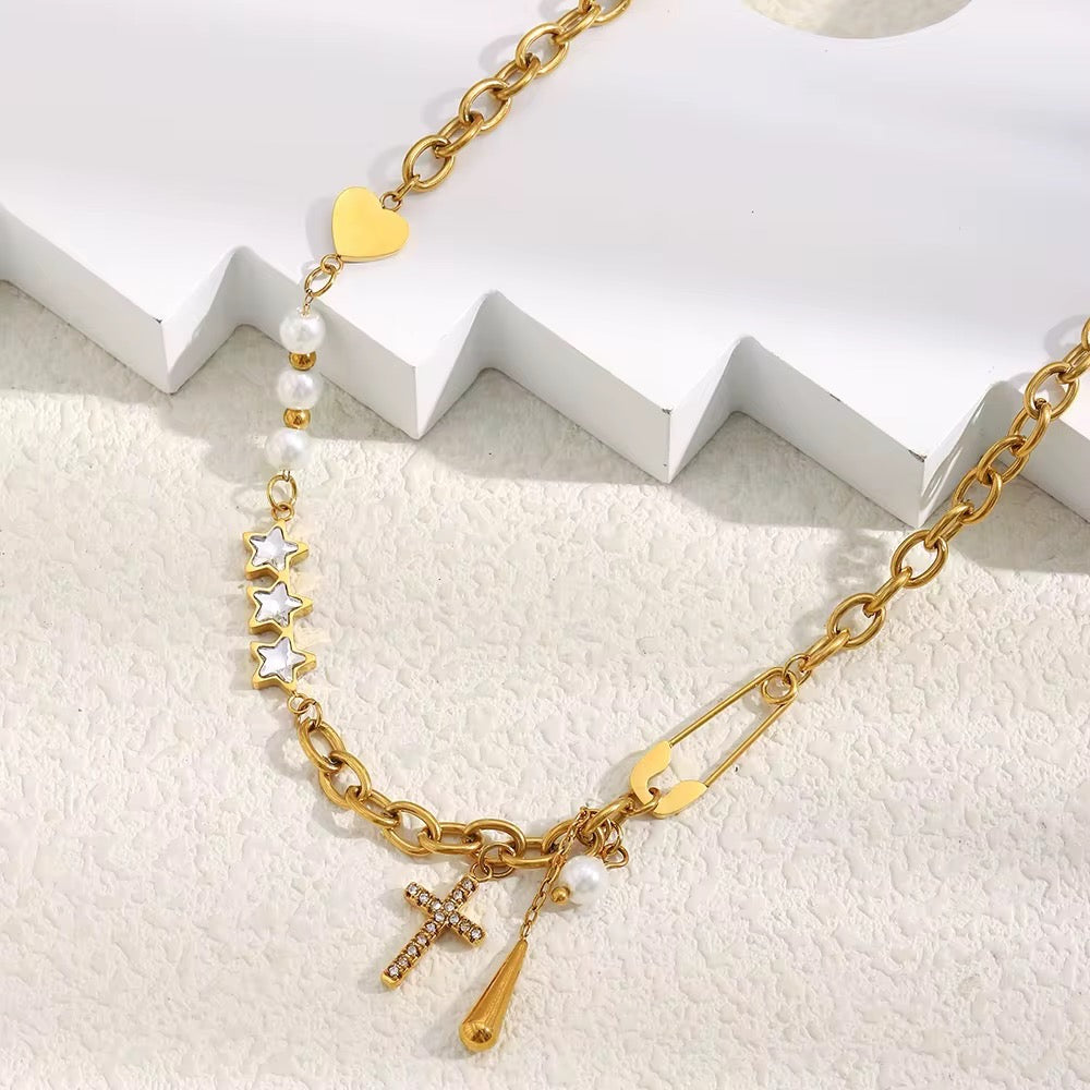 Multi-Charm Cross & Star Necklace – 18K Gold 316L Stainless Steel