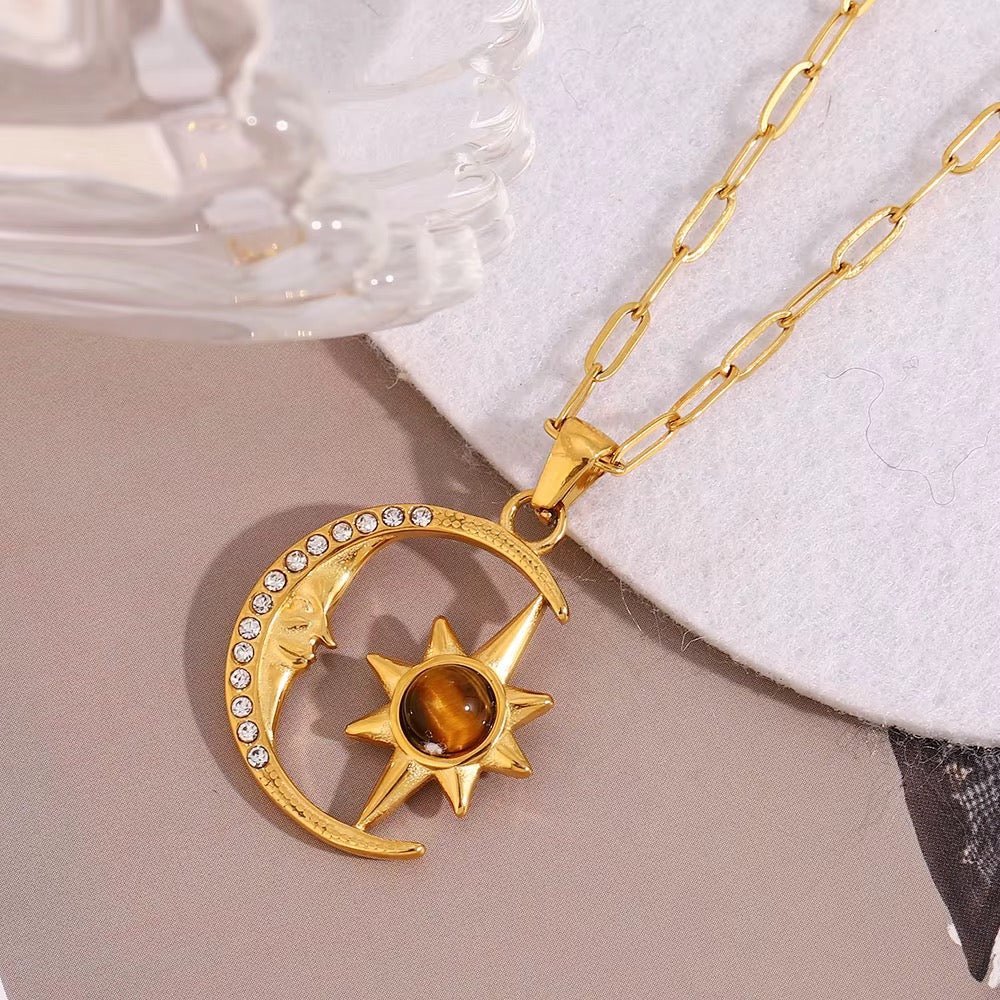Moon & Sun Tiger Eye Pendant Necklace – 18K Gold 316L Stainless Steel