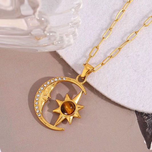 Moon & Sun Tiger Eye Pendant Necklace – 18K Gold 316L Stainless Steel