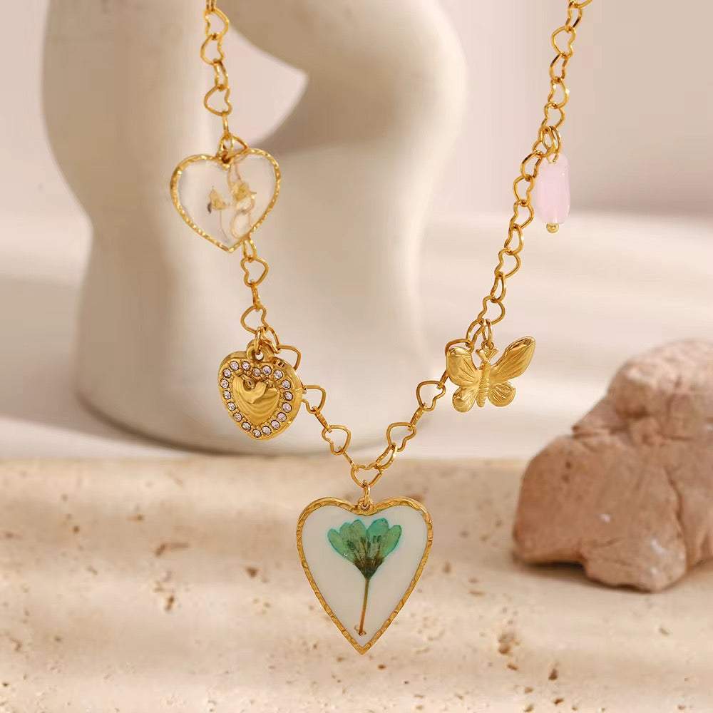 Heart Flower & Butterfly Charm Necklace – 18K Gold Stainless Steel