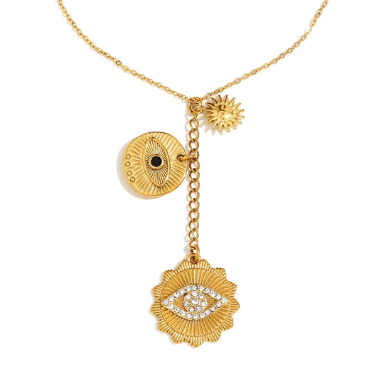 Celestial Evil Eye Layered Pendant Necklace – Gold